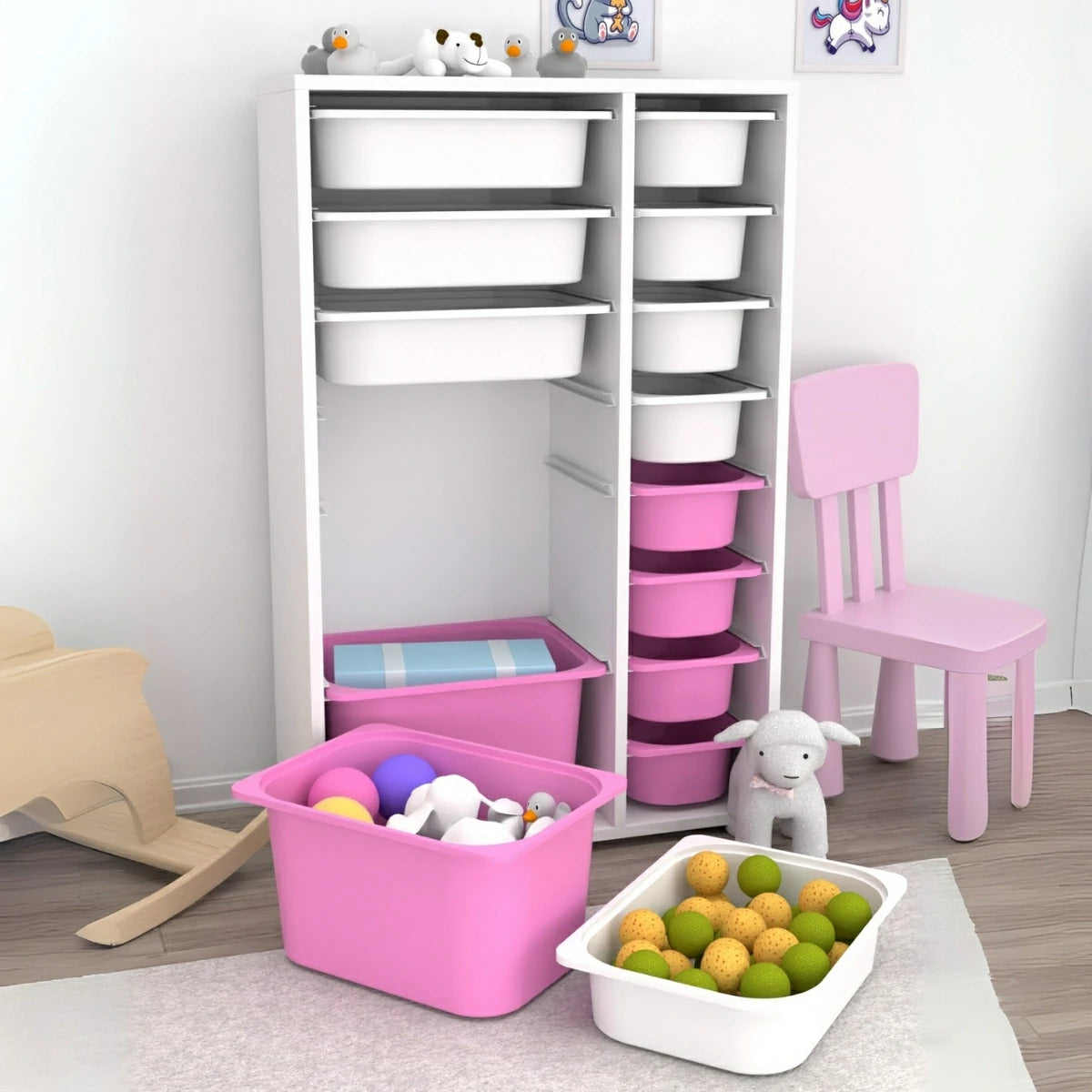 Rine 14 Sepetli Çok Amaçlı Oyuncak Dolabı Pembe Beyaz 2D4K8U