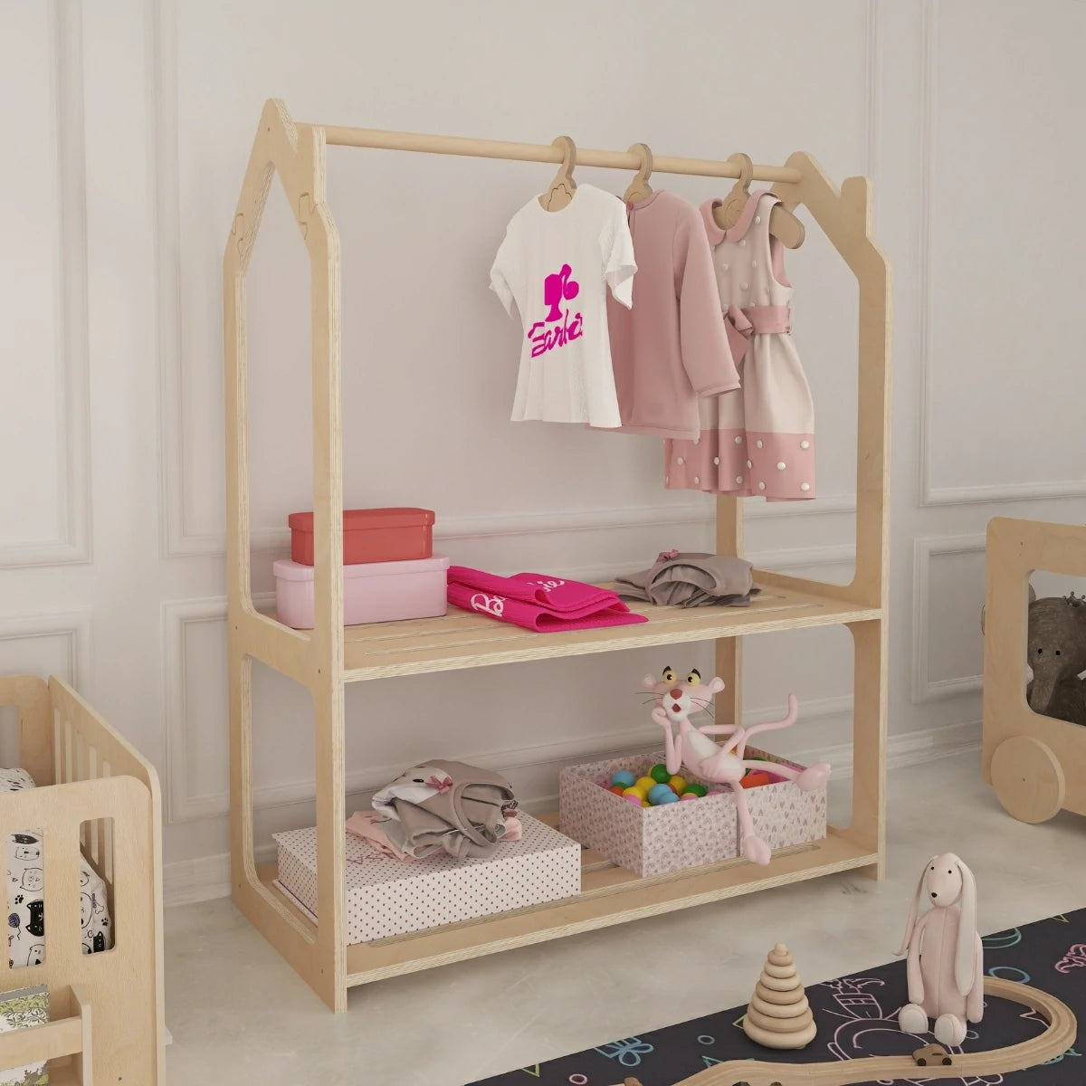 Roof Montessori Tarzı Çocuk Elbise Dolabı Ahşap Askılı
