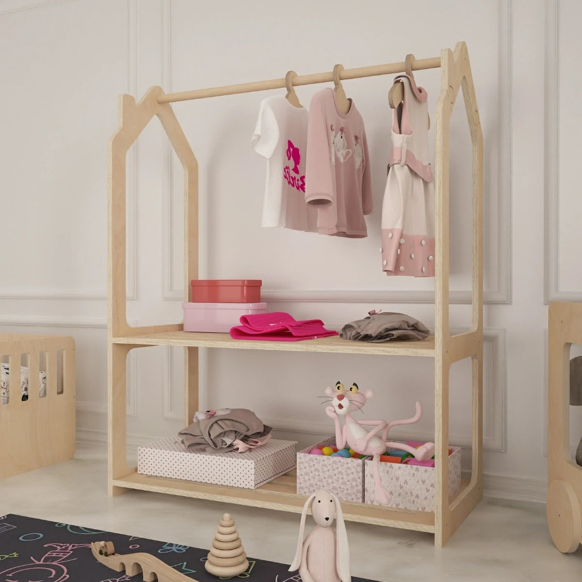 Roof Montessori Tarzı Çocuk Elbise Dolabı Ahşap Askılı