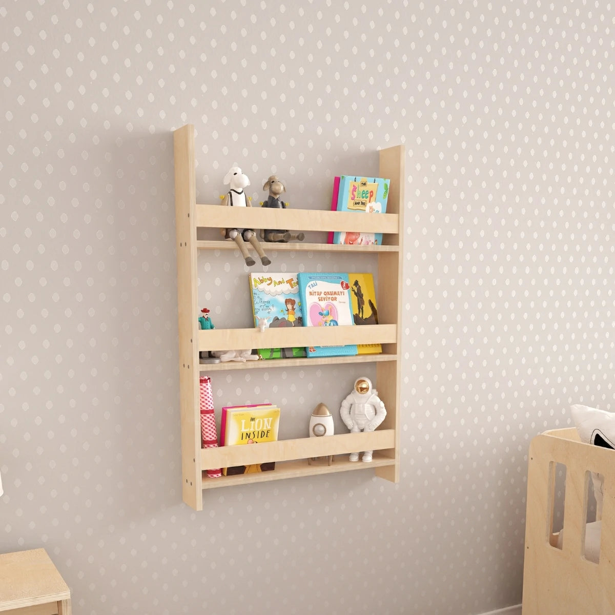 Step Montessori Tarzı Duvar Kitaplığı Doğal Ahşap