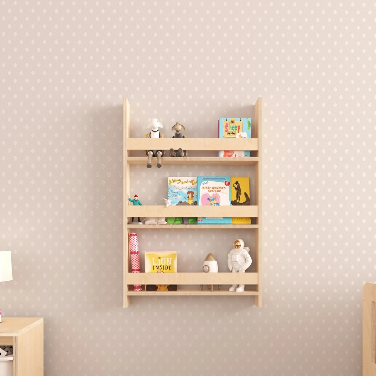 Step Montessori Tarzı Duvar Kitaplığı Doğal Ahşap