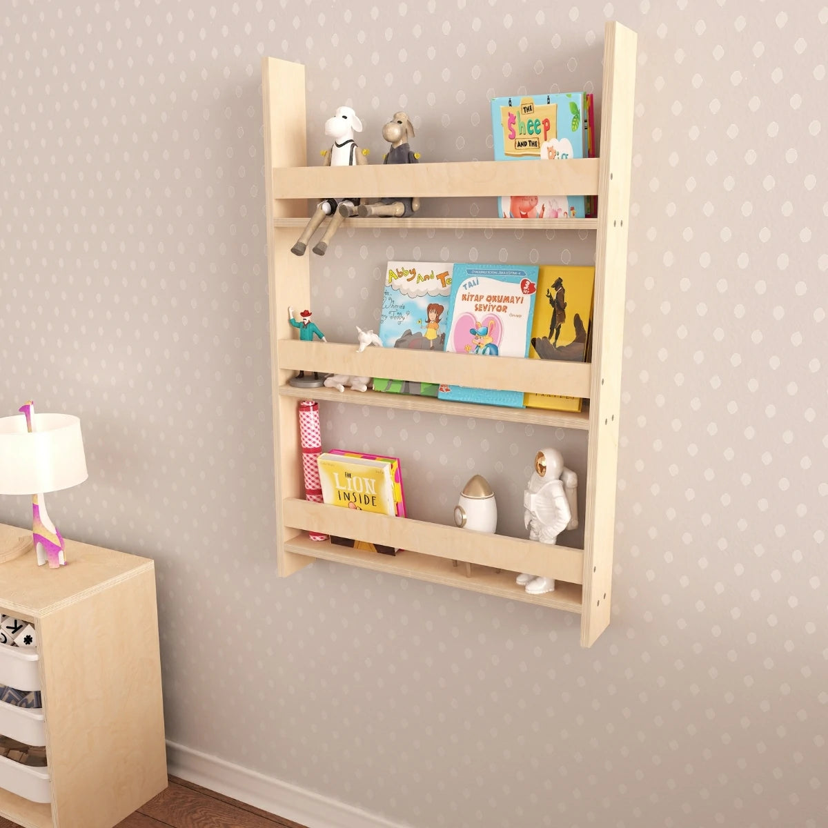 Step Montessori Tarzı Duvar Kitaplığı Doğal Ahşap