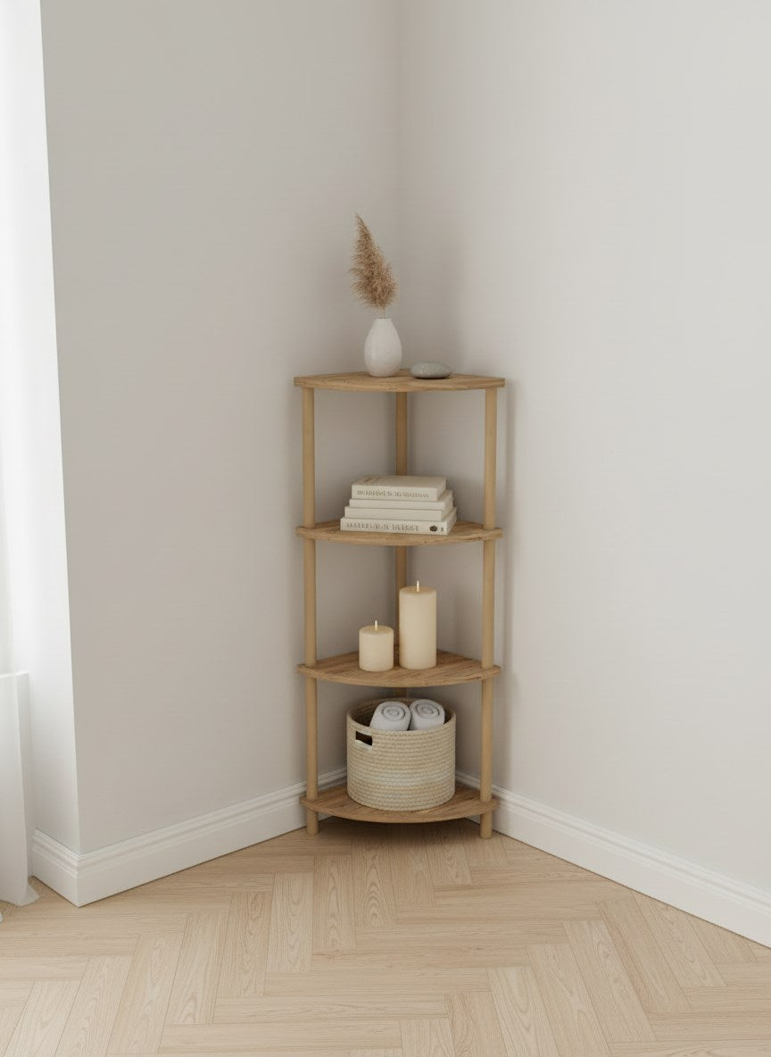 Ovalis Atlantik Çam Ahşap Köşeli Çok Amaçlı Raf Köşe Yan Sehpa 3 Katlı