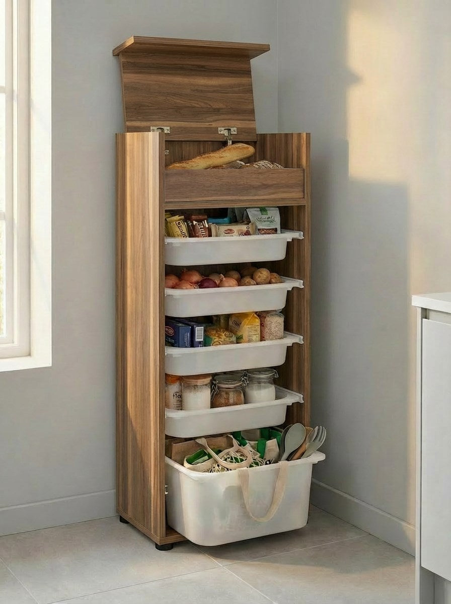 Chari Kapaklı Çok Katlı 5 Sepetli Dikey Çok Amaçlı Ekmeklik Dolabı Tropik Ceviz