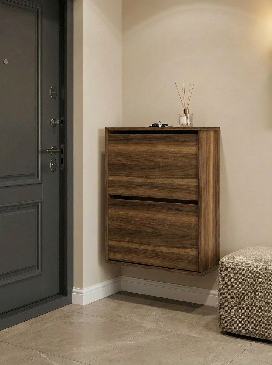 Double Düşer Kapak Ceviz Ayakkabılık Raflı Ayakkabılık 2 Bölmeli