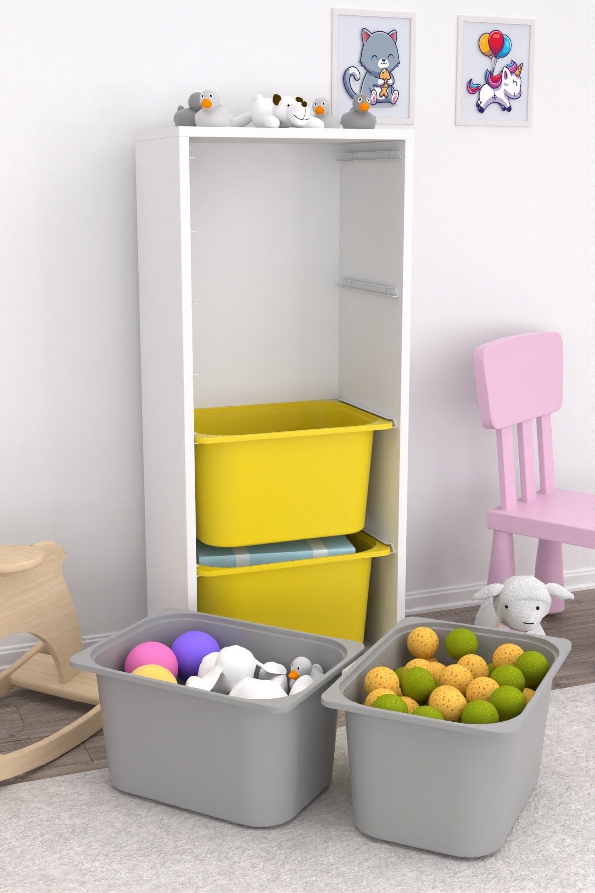 Cara 4 Derin Sepetli Çok Amaçlı Oyuncak Dolabı Sarı Gri