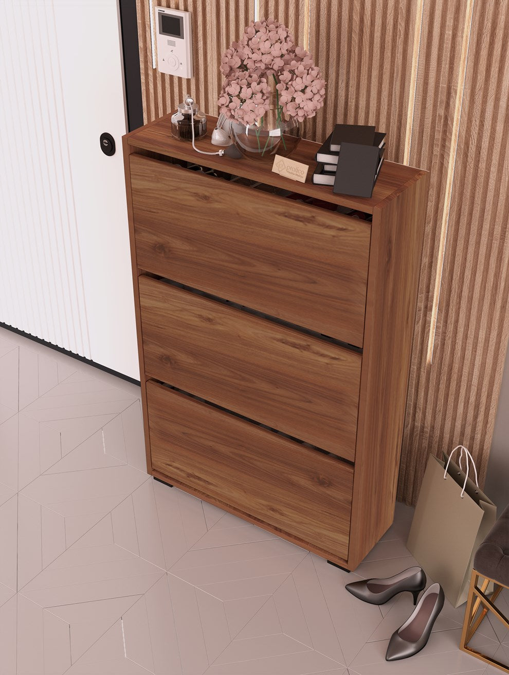 Skeche Düşer Kapak Ayakkabılık Raflı Ayakkabılık 3 Bölmeli Ayakkabılık Ceviz