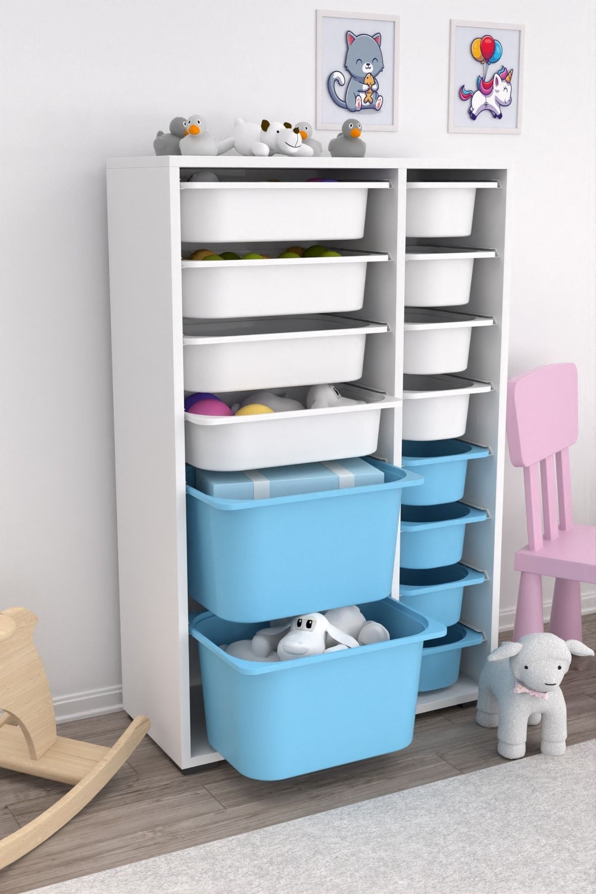 Rine 14 Sepetli Çok Amaçlı Oyuncak Dolabı Mavi Beyaz 2D4K8U