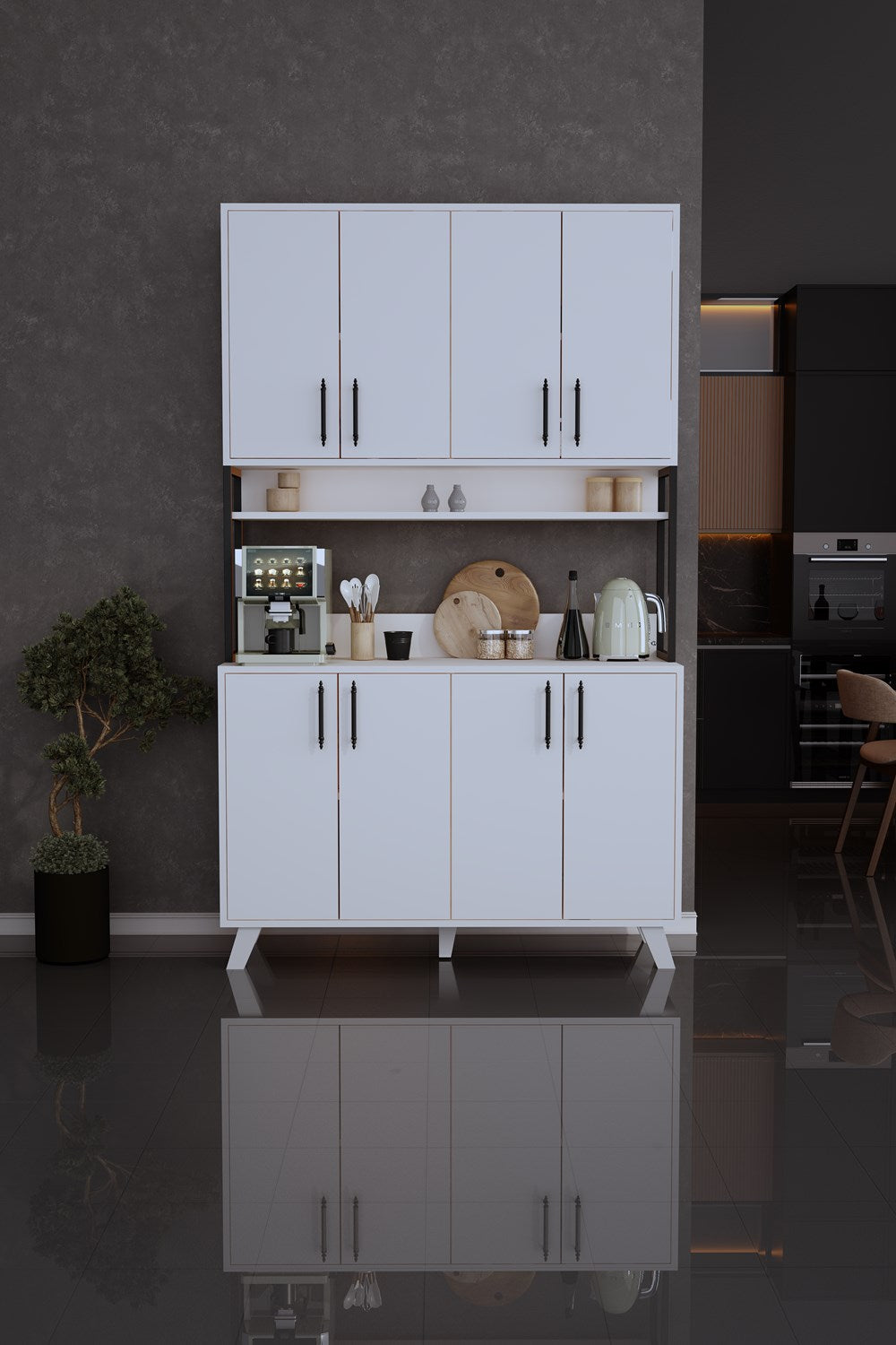 Volk 8 Kapaklı Kahve Köşesi Çok Amaçlı Mutfak Dolabı Beyaz