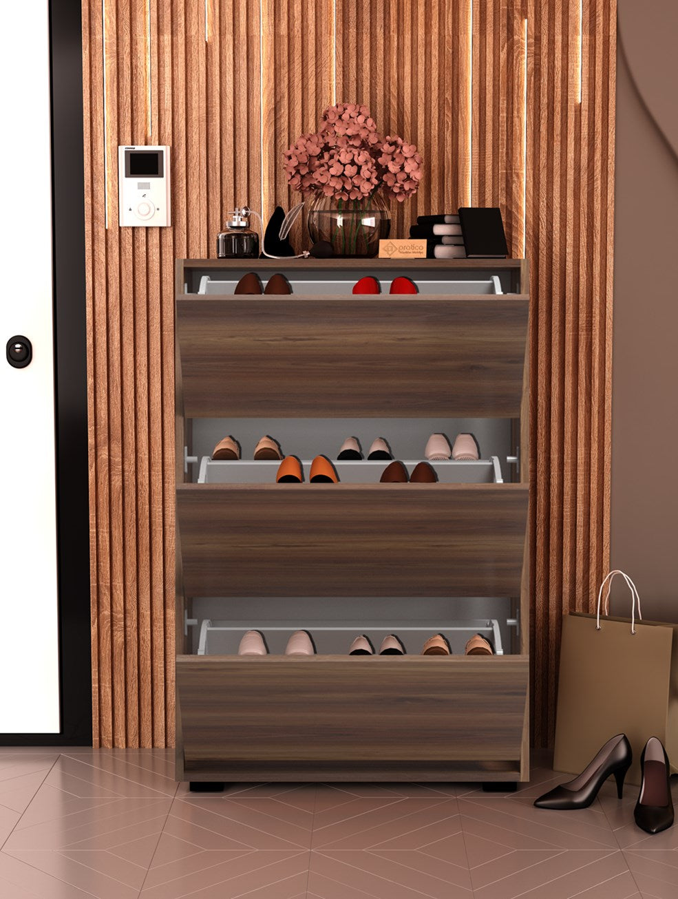 Skeche Düşer Kapak Ayakkabılık Raflı Ayakkabılık 3 Bölmeli Ayakkabılık Ceviz