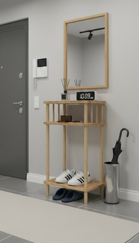 Duo Atlantik Çam Ahşap Dikdörtgen Çok Amaçlı Raf Yan Sehpa 3 Katlı