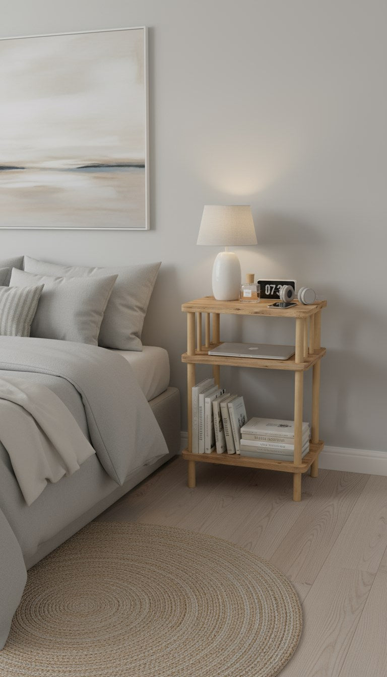 Mino Atlantik Çam Ahşap Dikdörtgen Çok Amaçlı Raf Yan Sehpa 3 Katlı