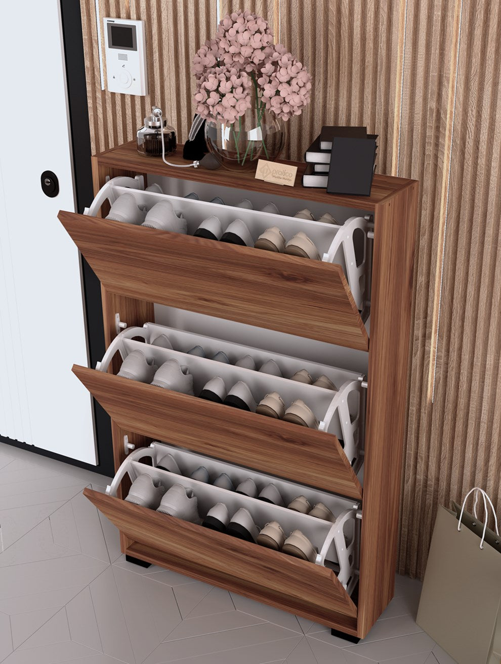 Skeche Düşer Kapak Ayakkabılık Raflı Ayakkabılık 3 Bölmeli Ayakkabılık Ceviz