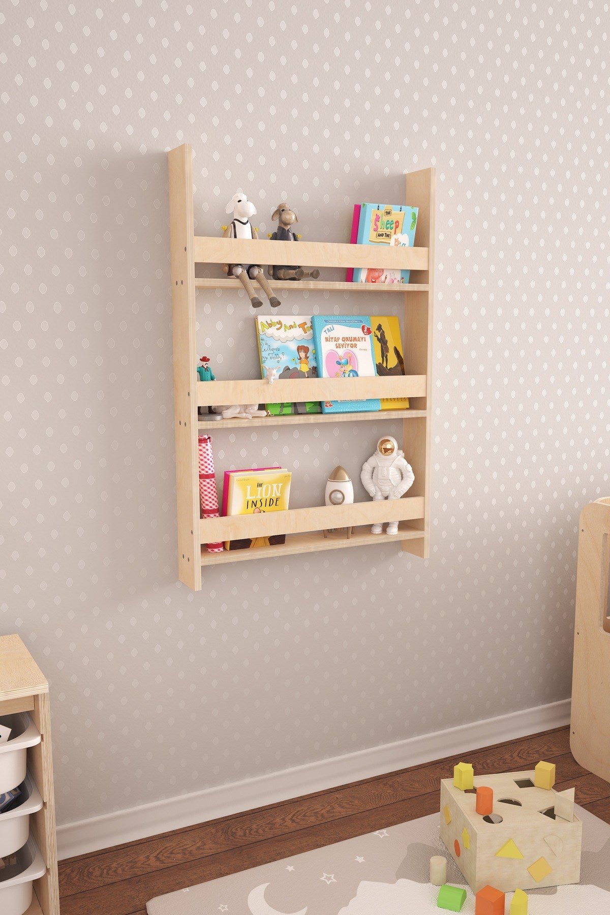 Step Montessori Tarzı Duvar Kitaplığı Doğal Ahşap