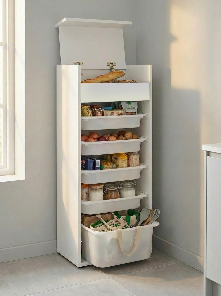 Chari Kapaklı Çok Katlı 5 Sepetli Dikey Çok Amaçlı Ekmeklik Dolabı Beyaz