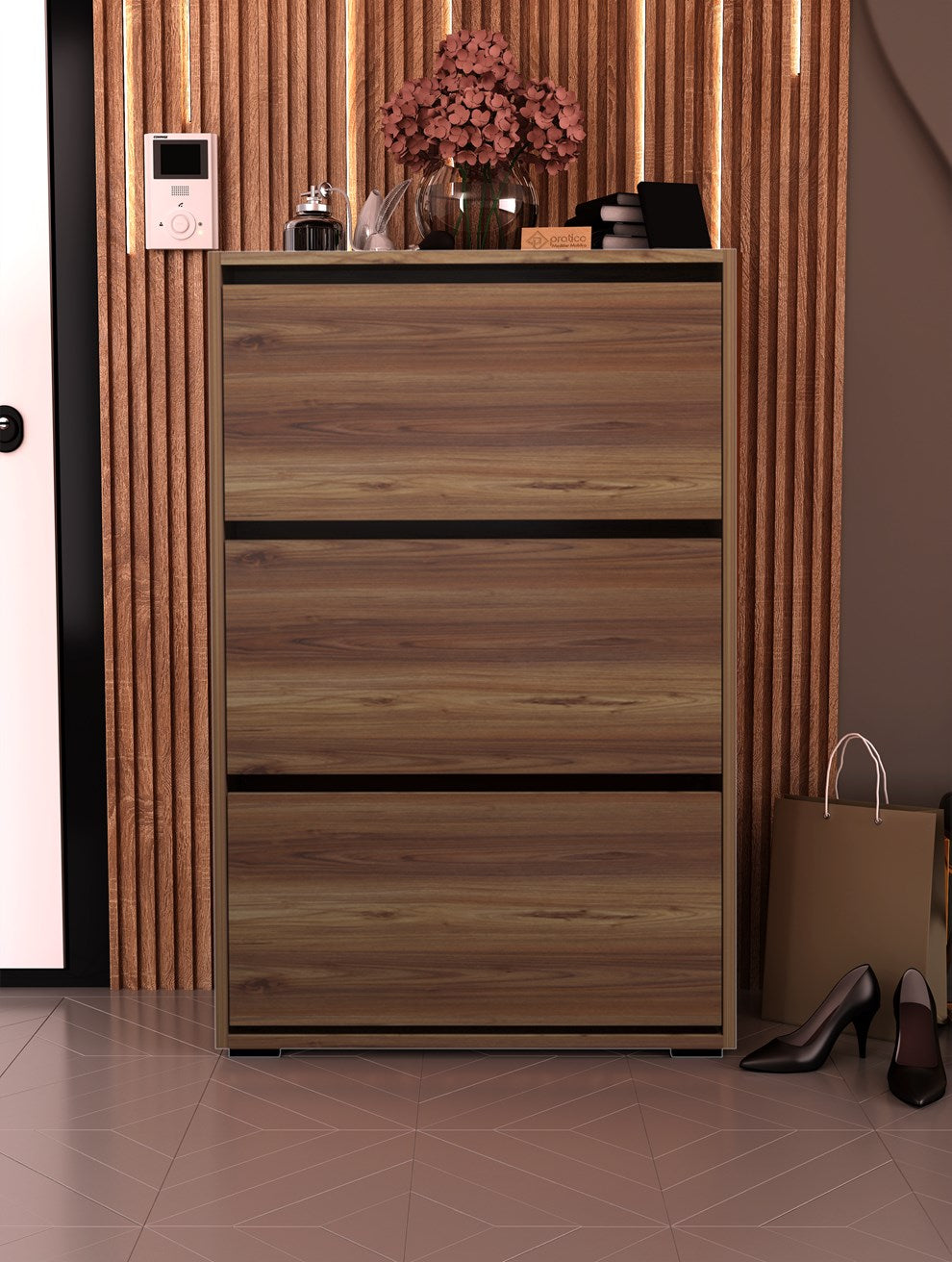 Skeche Düşer Kapak Ayakkabılık Raflı Ayakkabılık 3 Bölmeli Ayakkabılık Ceviz