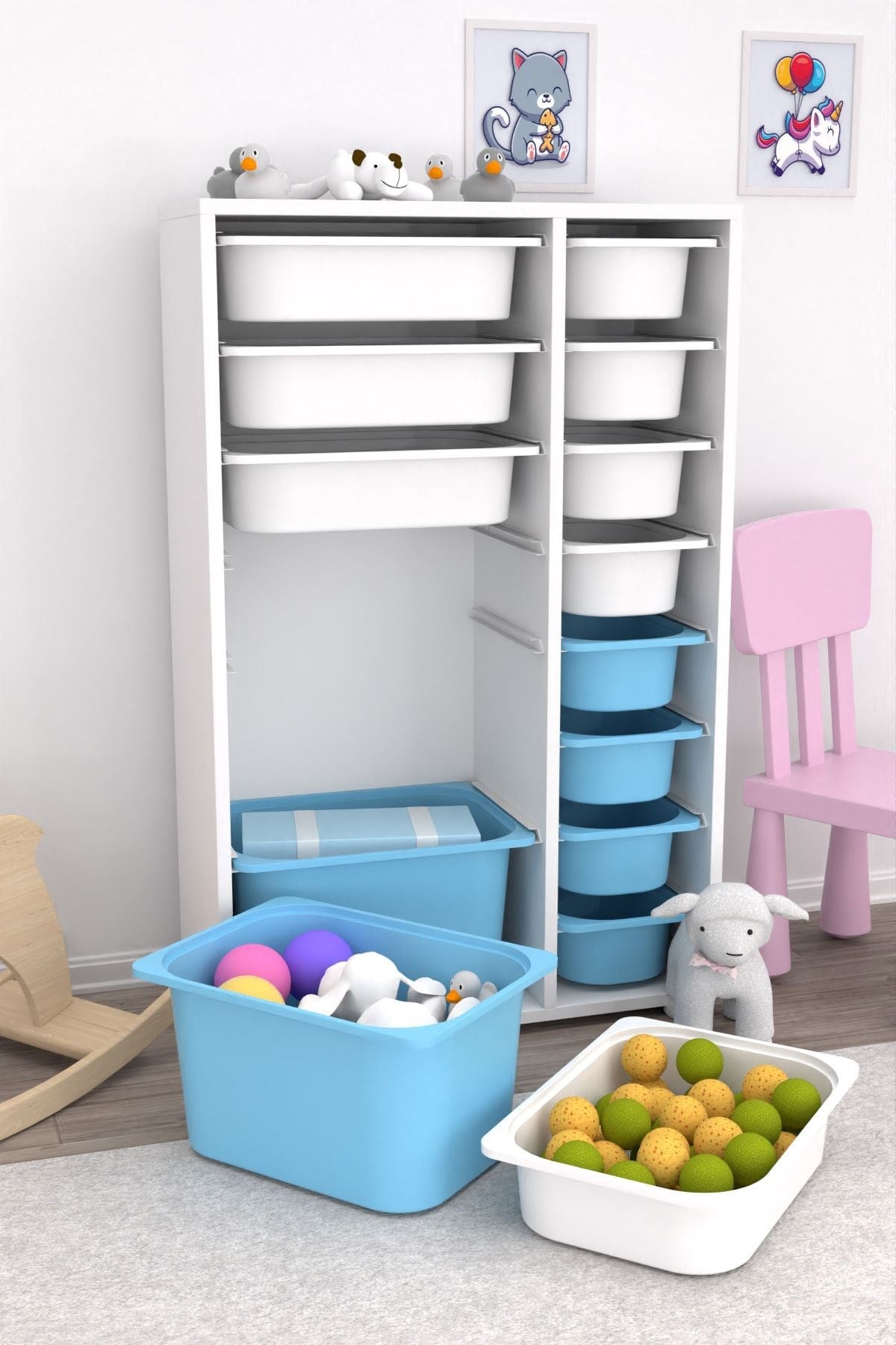 Rine 14 Sepetli Çok Amaçlı Oyuncak Dolabı Mavi Beyaz 2D4K8U