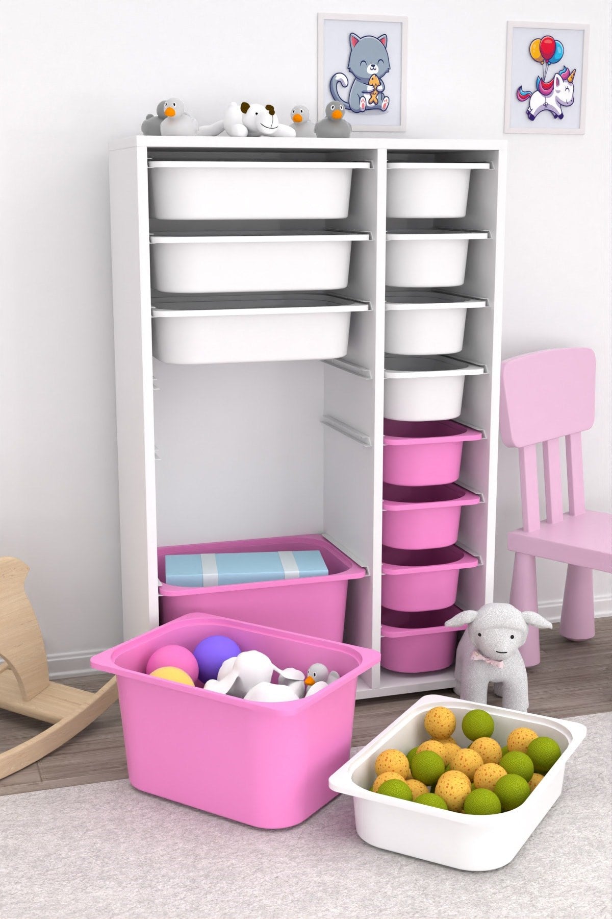 Rine 14 Sepetli Çok Amaçlı Oyuncak Dolabı Pembe Beyaz 2D4K8U