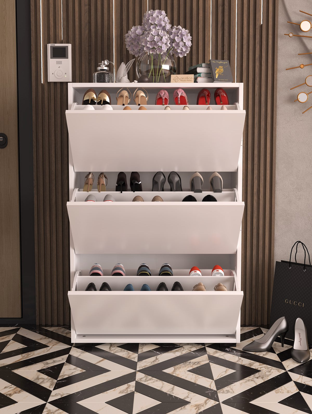 Skeche Raflı Ayakkabılık Düşer Kapak, 3 Bölmeli, Beyaz