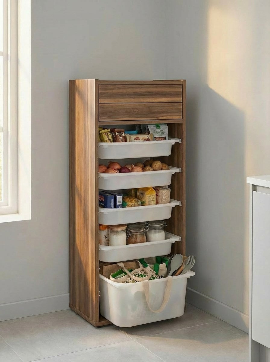 Chari Kapaklı Çok Katlı 5 Sepetli Dikey Çok Amaçlı Ekmeklik Dolabı Tropik Ceviz