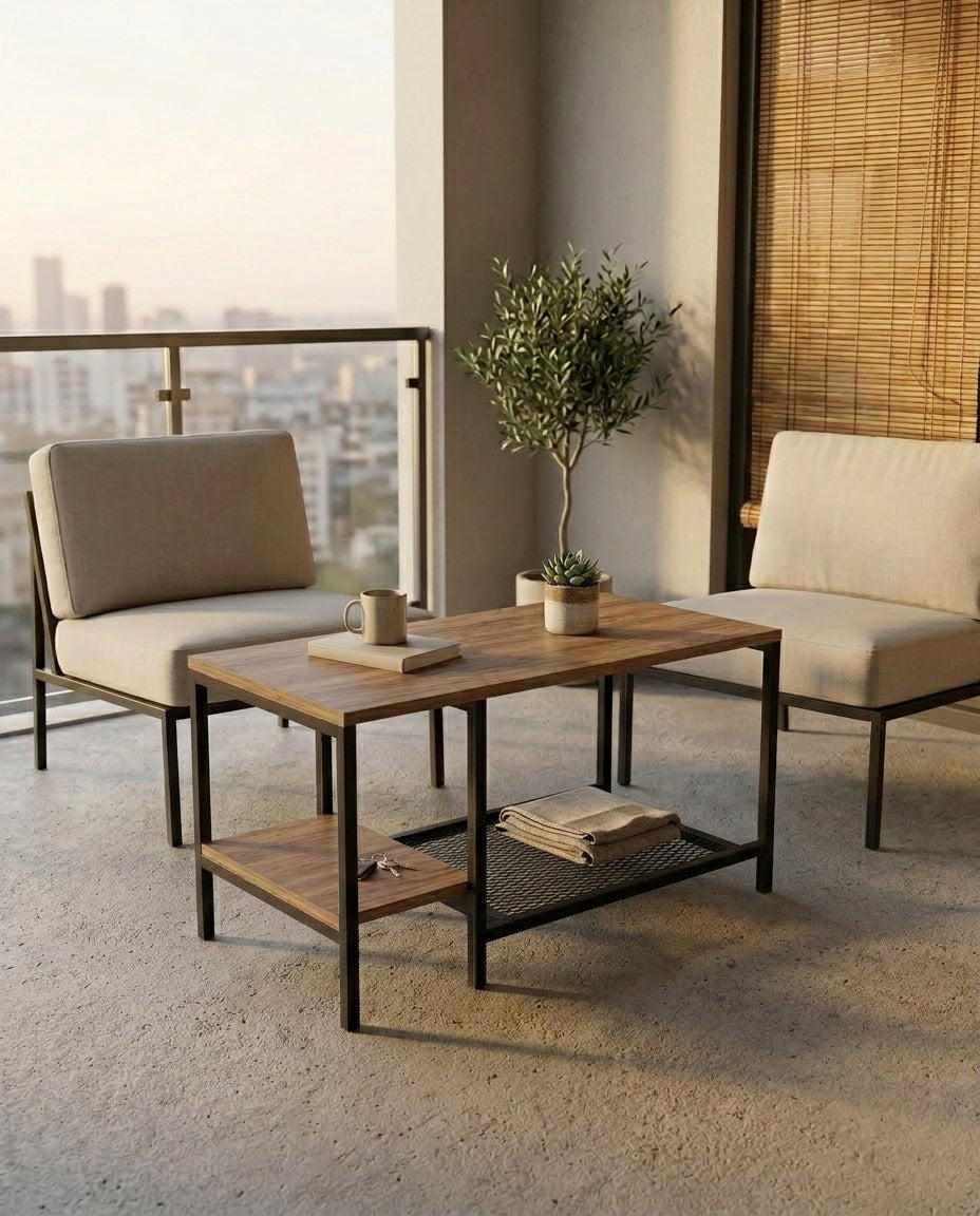 Moda Atlantik Çam Raflı Orta Sehpa 90x45 cm – Metal Gövdeli Modern Salon Sehpası